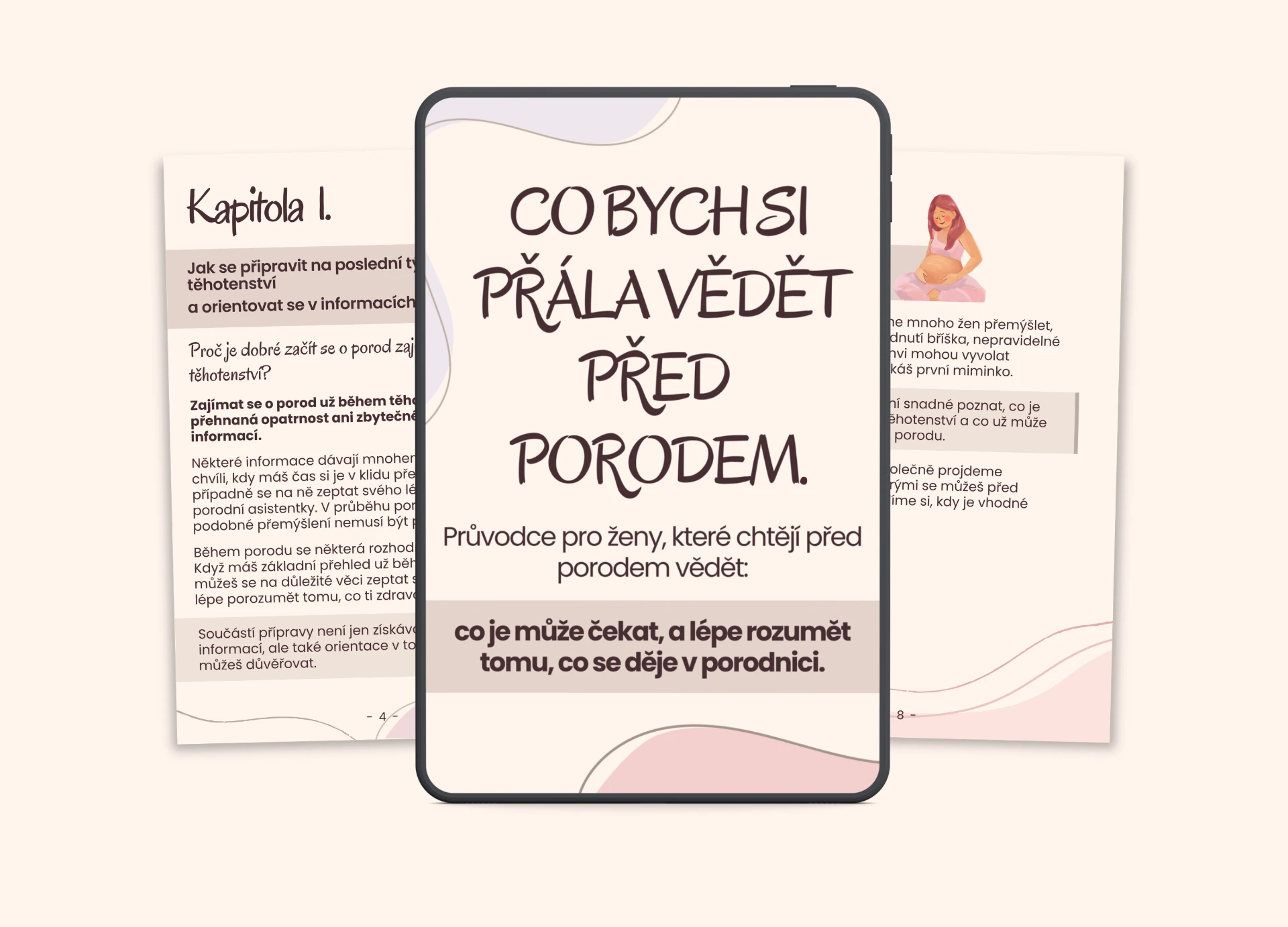 Mockup digitálního průvodce s tabletem a ukázkami kapitol